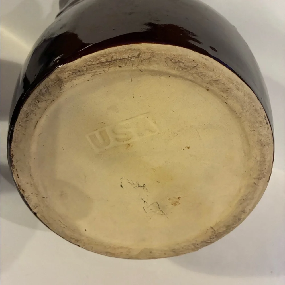 USA Pottery VTG Brown Glaze Bean Pot W/ Lid  Ceramic Soup Tureen Loop Handles